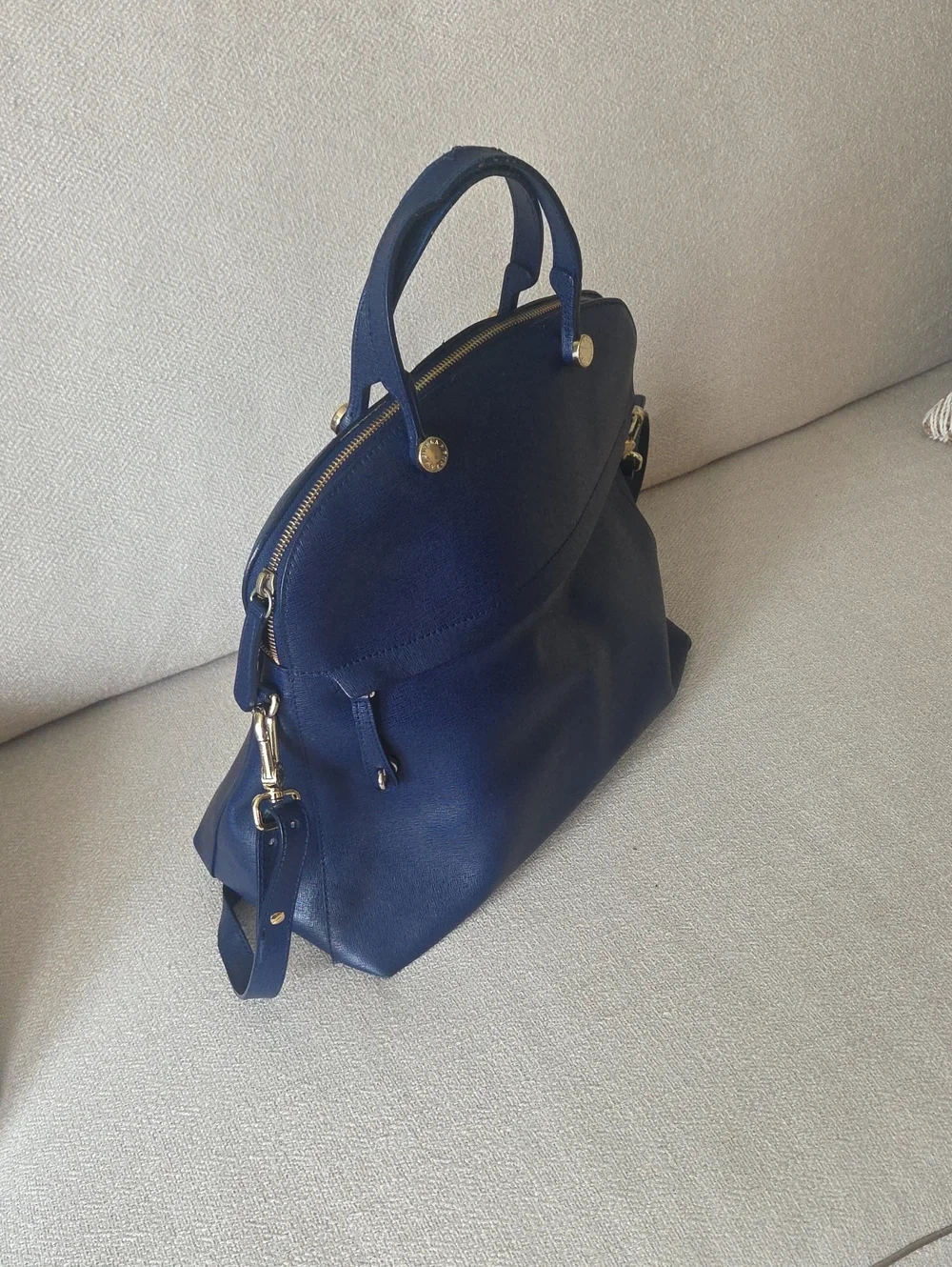 Furla Navy Blue Leather Satchel with Gold Hardware